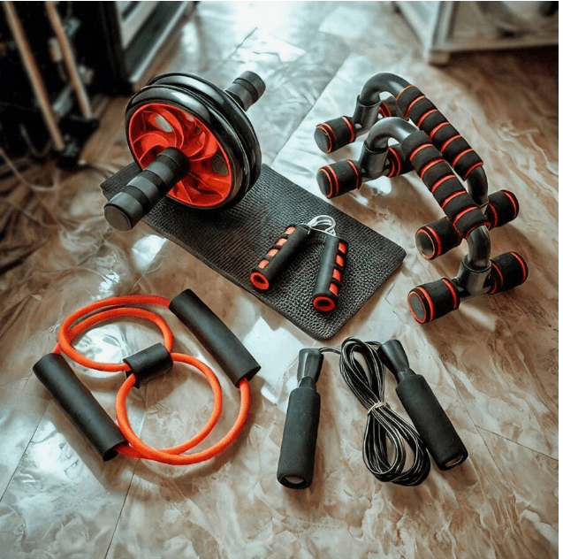 7PcsSet Home Gym Fitness Equipment Set, Mini Workout Tools Include Jump Rope, Grip Strengthener, Push Up Bar, Ab Wheel For Muscle Training, Sport, Gym, Home Exercise, Abdominal Wheel, Abdominal Roller